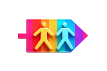 A set of vibrant 3D rainbow gradient traffic signs featuring male icons and directional arrows, symbolizing LGBTQ themes, isolated on a transparent background