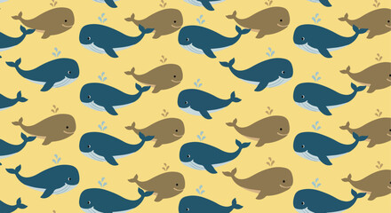 This fun, seamless pattern features alternating rows of cartoon blue and brown whales on a light yellow background.