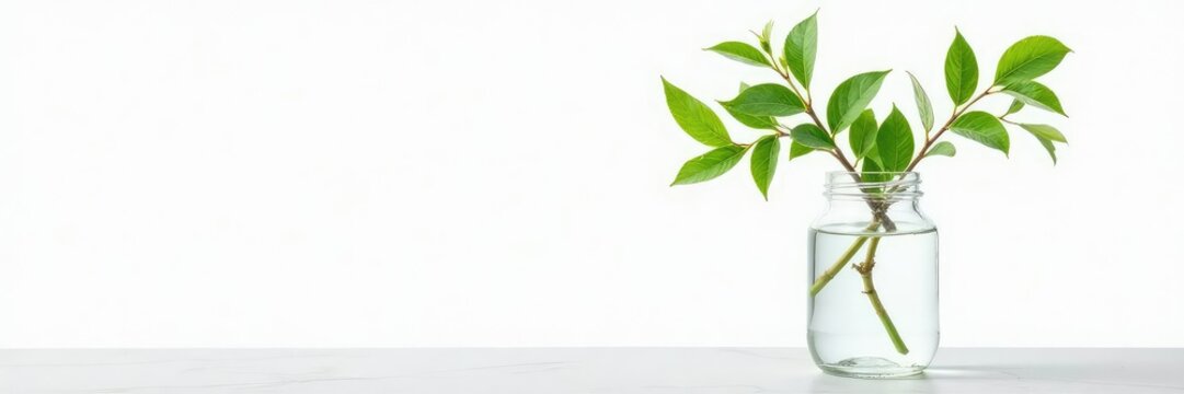 Isolated foliage branches in a jar filled with water against white background, greenery, leaf, glass