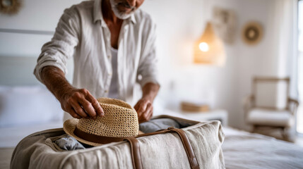 Elderly man is carefully placing a straw hat into a suitcase, surrounded by clothing in a warm, inviting bedroom atmosphere