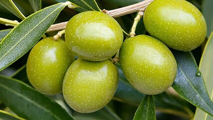 Close-up of green olives growing on a branch with leaves - Powered by Adobe