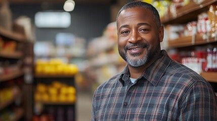 Captivating portrait of an African American man with beard inside market with warm ambiance and eye contact