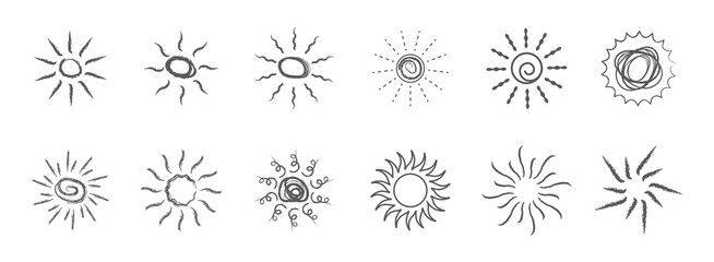 Twelve brush HandDrawn Sun Icons Variations in Style and Design