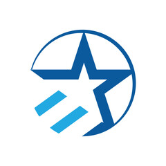 The image shows a flat logo design of a star shape on a circle with three lines sign that looks clean and sharp in blue tones on a white background