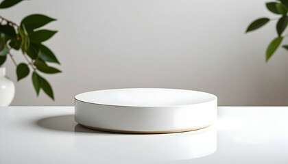 White Cylindrical Product Display on Clean Table with Greenery