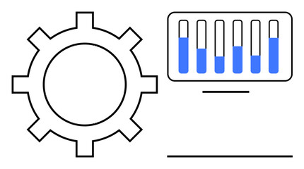 Gear symbol next to a bar graph visualization, representing optimization, productivity, and data analysis. Ideal for technology, automation, engineering, process management, business analytics data