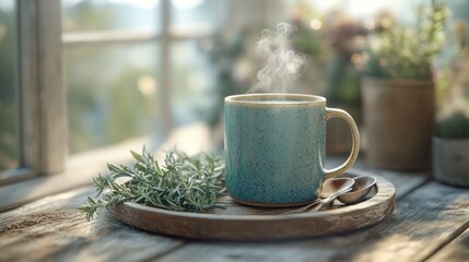 Teal mug of steaming beverage, herbs, sunlight