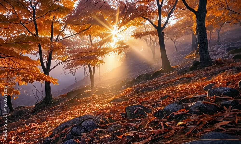Poster serene autumn forest with golden leaves and sun rays filtering through trees, creating a tranquil at