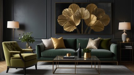 Dark, elegant living room with gold accents