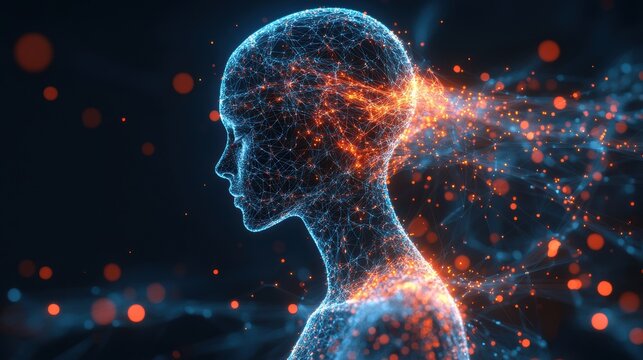 Human digital avatar on dark backdrop featuring network of connected points and glowing particles