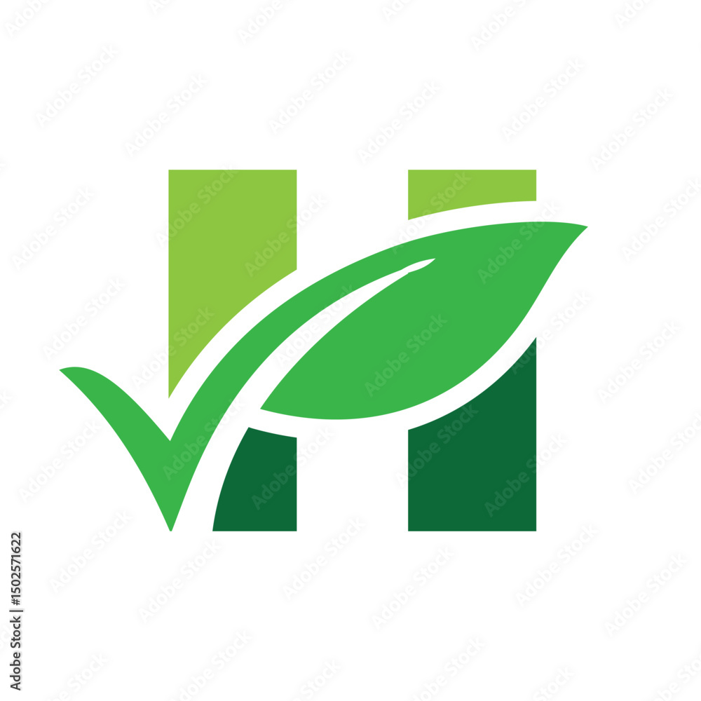 Poster the image shows a flat monogram logo design of an initial letter h in green with a checkmark shaped 