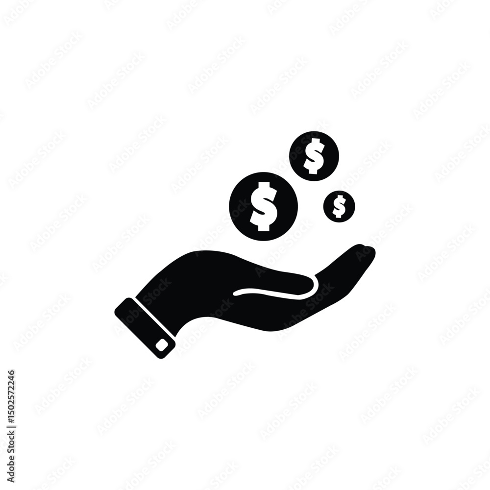 Poster earn money icon. money in hand symbol in flat style isolated on white background. coins in hand sign