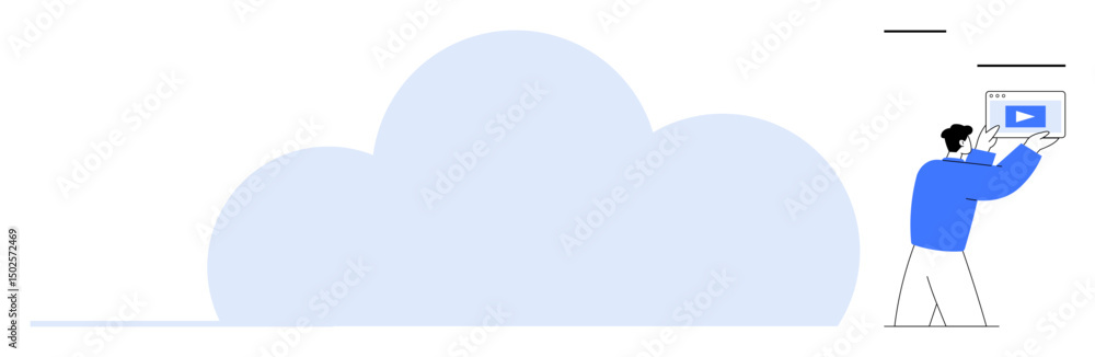 Poster person holding a tablet with a media upload symbol near a large cloud shape. ideal for cloud computi
