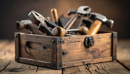 Vintage wooden toolbox with hammers, pliers and various hand tools for repair and construction