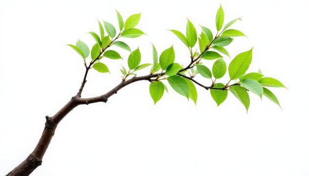 Thin tree branch stretching upwards isolated on white background, leafy, wood, foliage