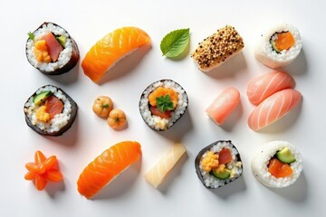 Various sushi pieces arranged artfully on white background, gastronomy, asian, delicious