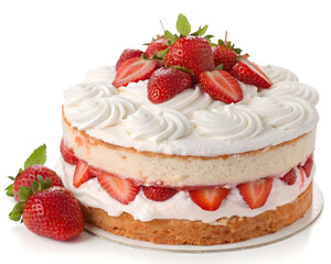 Delicious strawberry and berry cheesecake or fruit cake with cream on a plate, a fresh sweet dessert from the bakery