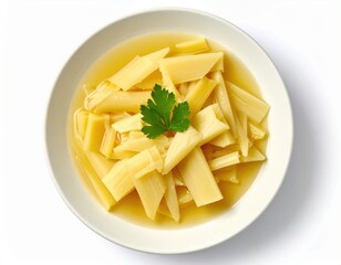 Bamboo shoots in broth, white isolate background