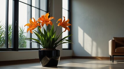 Orange lilies in a black pot, modern room