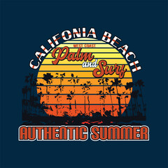 Typography vector illustration of the words California Beach Palm and Surf in retro summer style  
