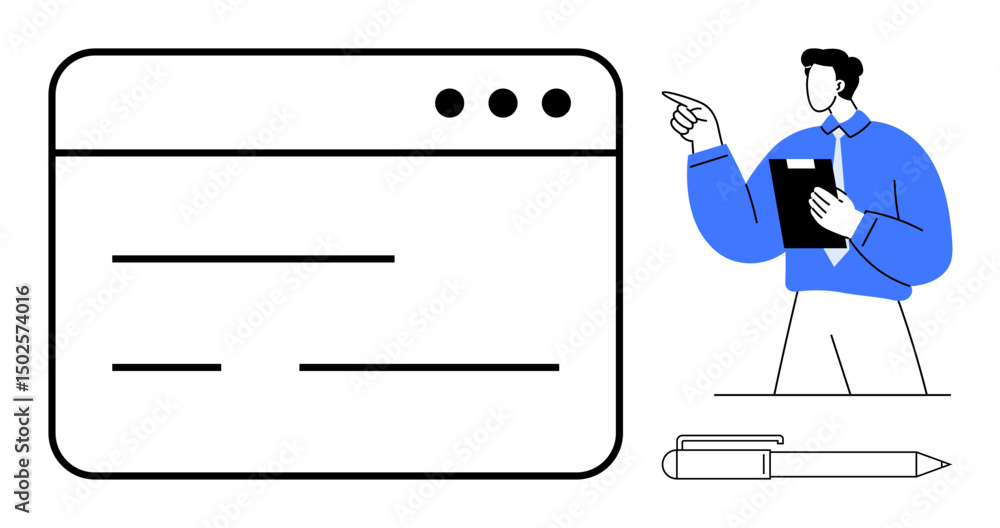 Poster man holding clipboard pointing at browser interface. pen and note objects nearby. ideal for office w