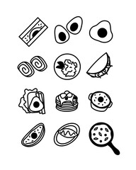 Illustration of egg menus cusion meal in vector doodle line art style. High resolution and editable icon set perfect for symbol  logo  design element or poster for caf� or restaurant.