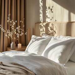 Luxury minimalist bedroom with neutral color palette plush bedding candles and floral touch under soft sunlight