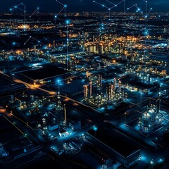 Obraz premium Modern industrial area glowing with artificial lights during night aerial view highlighting infrastructure and energy plants image
