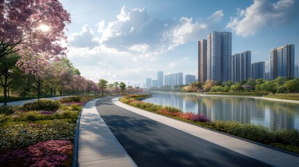 Fototapeta premium Vibrant Spring City Road: Scenic Asphalt Highway by Lake and Lush Garden with Modern Skyline