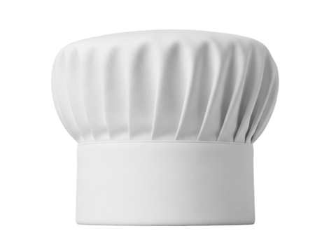 A chef’s toque blanche hat in crisp white cotton, structured fabric and pleats, full front view, isolated on a transparent background.