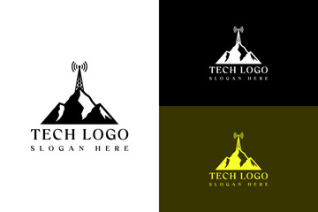 signal tower on mountains peak vector illustration, icon, logo for data center, fast data, data center, wireless, connectivity, network, telecommunication, communication, tech, and more