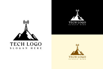 mountains with signal tower on peak vector illustration, logo for connectivity, communication, network, telecommunication, data transfer, data center, tech, and more