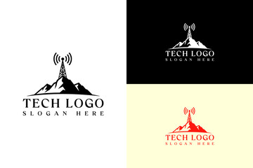 illustration of mountains and signal tower, vector, icon, logo for communication, network, connectivity, internet, data center, ai, fintech, tech, data transfer, fast data, and more