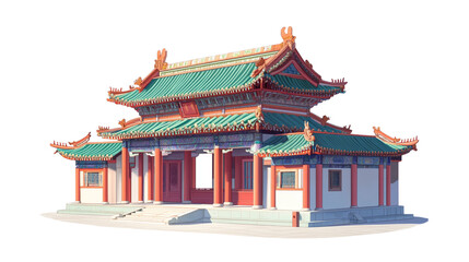 Ancient Chinese palace with multiple floors and symmetrical design on white background.
