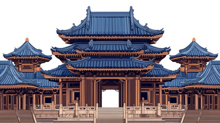 Obraz premium Ancient Chinese palace with multiple floors and symmetrical design on white background. 