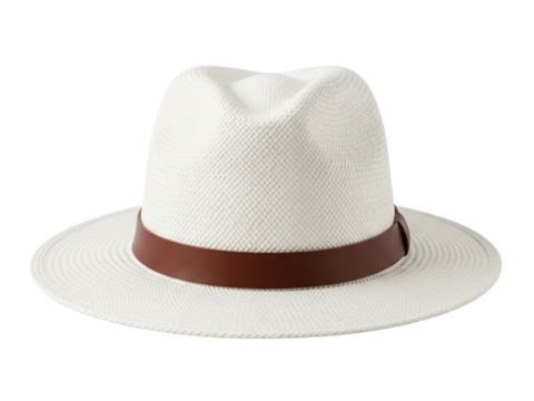 A white Panama hat with a brown leather band, detailed straw texture, front-facing with soft even light, isolated on a transparent background.