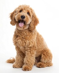 Fototapeta premium A cheerful labradoodle puppy with fluffy fur and sweet expression sits on a white isolated background for your pet business needs.
