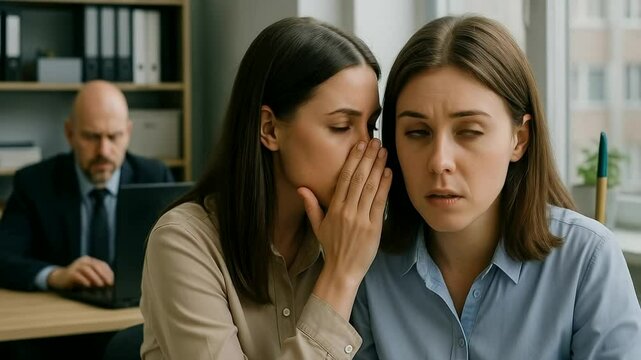 Two Caucasian women, mid-30s, share a secret in an office, while a man works gossip workplace dynamics
