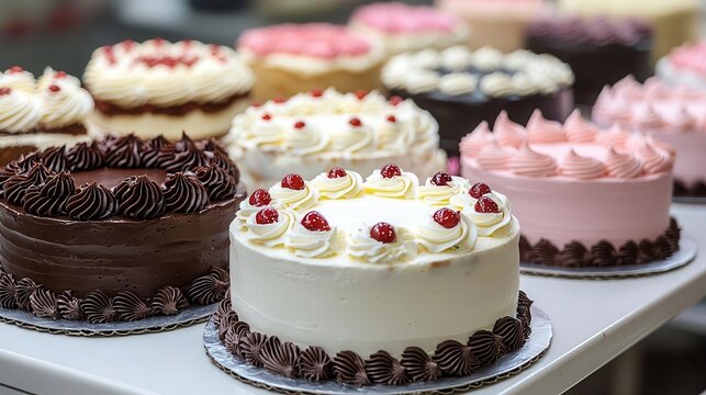 Colorful birthday cakes on display at the cake shop, featuring various shapes and colors. Copy space, commercial use
