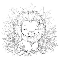 Obraz premium Jungle lion coloring sheet cute baby animal sitting surrounded plants flowers outline artwork kids fun