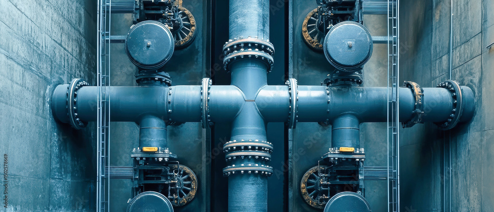 Poster complex industrial pipeline system showcasing modern engineering and design techniques in water supp