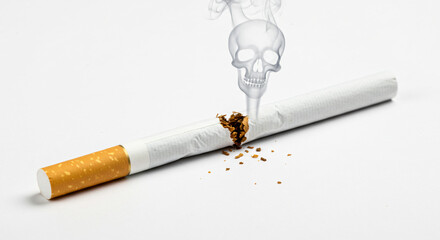 Broken Cigarette with Skull Smoke Symbolizing Deadly Smoking Danger
