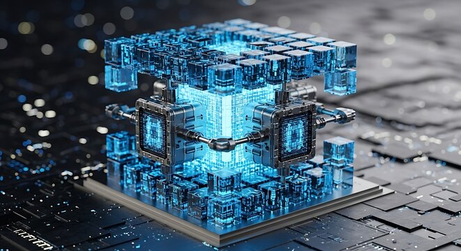 Quantum Computing Architecture: Luminous Cubes Form AI Processor on Advanced Circuitry, Glowing Nodes & Futuristic Technology in Detailed 3D Rendering