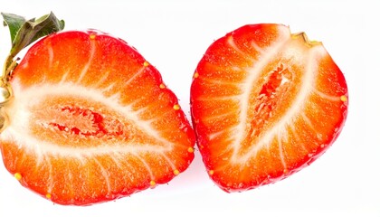 Fresh Strawberry Halves on Isolated White Background – Glossy Red Skin and Seed Detail with Studio Lighting