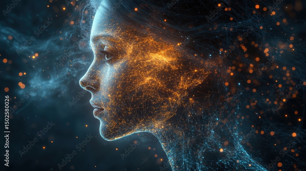 Poster digital woman profile with glowing neural network connection and abstract light dots on dark backdro