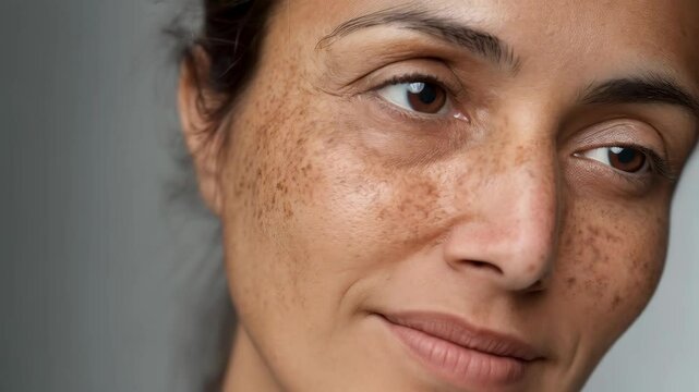 Close-up studio shot revealing woman's face exhibiting hyperpigmentation, freckles, skin texture, and a hint of a smile