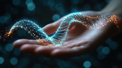 Dna strand in a hand showing modern medicine and technology development with abstract data and digital background