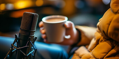 Close-Up of Microphone and Man Enjoying Tea – Podcast Vibes & Relaxation, Man with Tea and Microphone – Cozy Audio Session & Creative Inspiration