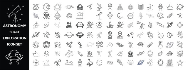 Fototapeta premium Astronomy and space exploration icon set. Thin line editable stroke icons for astrophysics, planets, rockets, astronauts, solar system, satellites, galaxies and outer space observation science