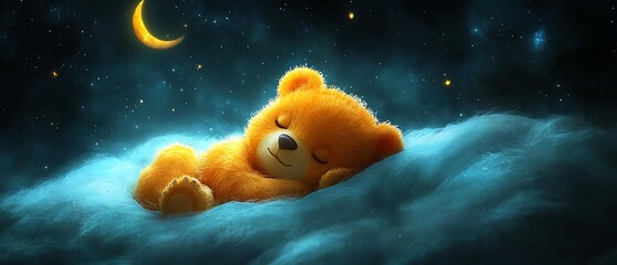 Teddy bear sleeping on clouds at night